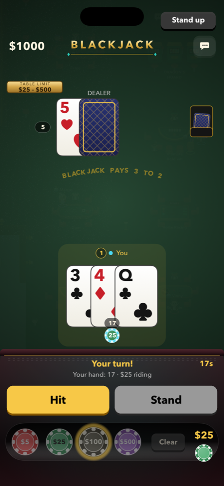 A blackjack hand in progress: dealer showing a 5, player holding 17 with $25 riding, and the chip tray along the bottom.