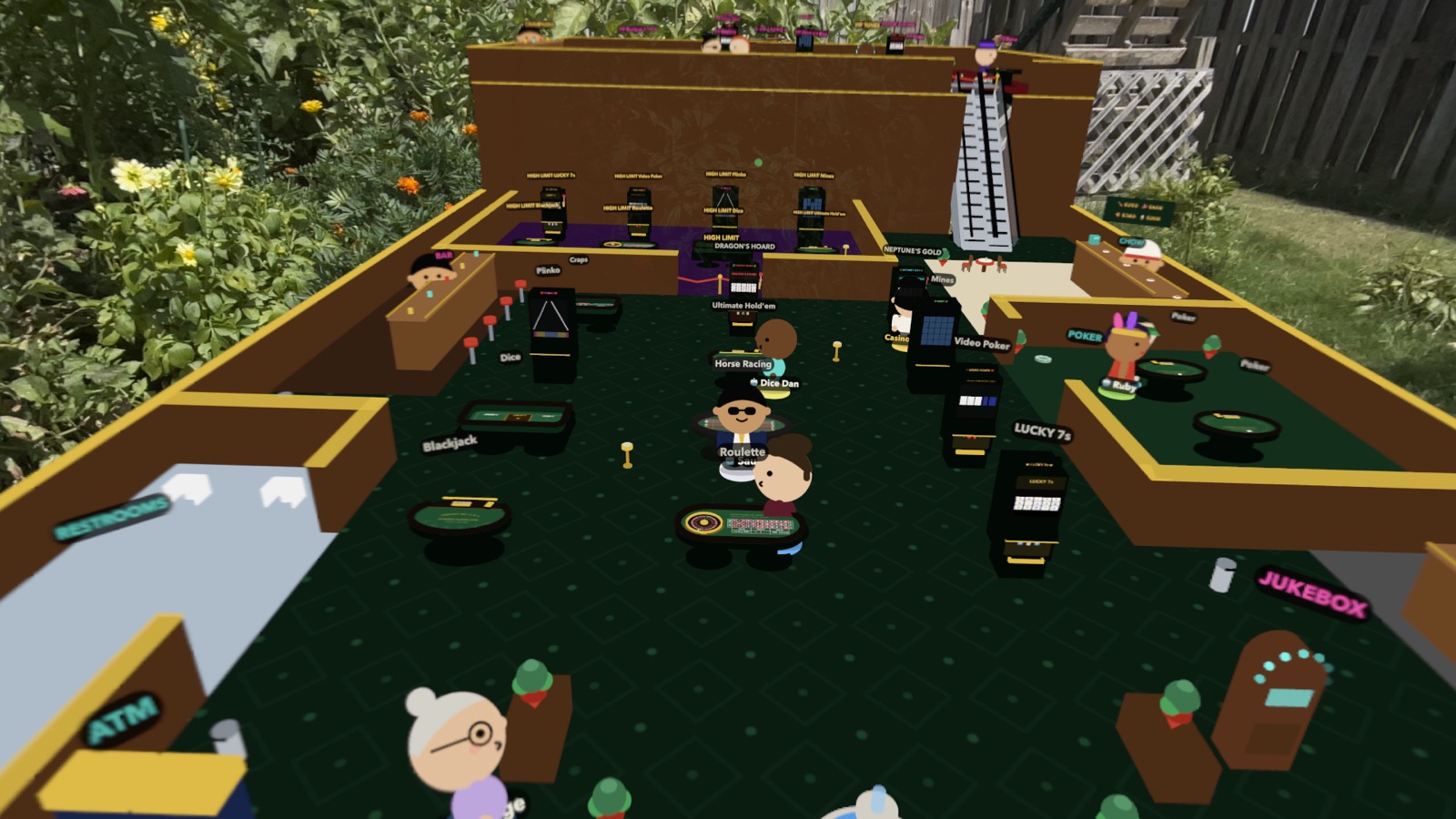 The Casino Floor Live! casino floor rendered as a miniature diorama sitting in a real backyard, seen through Apple Vision Pro passthrough — tables, slot machines, the high-limit room and other players are all visible in the grass.