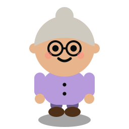 Granny Lucky, a chibi casino character with grey hair and round glasses.